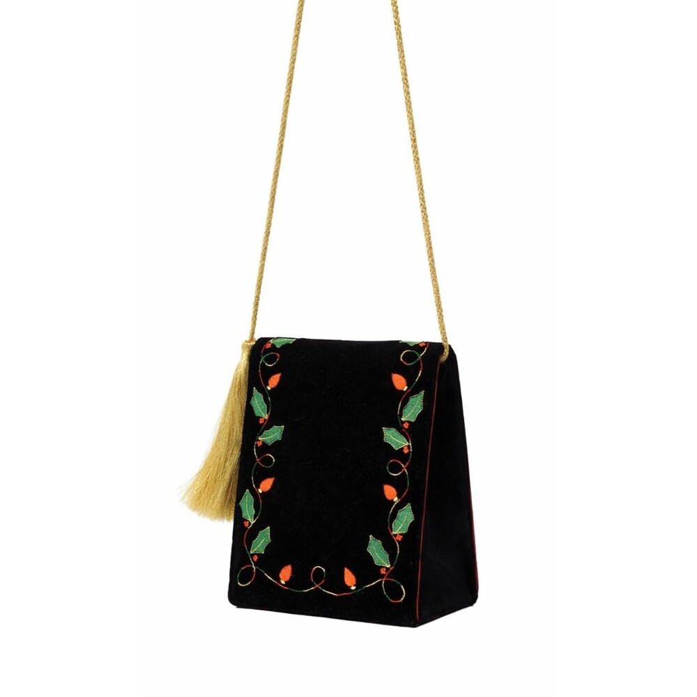Black Velvet Purse With Christmas Bulbs Embroidered Evening Holiday Bag 7”